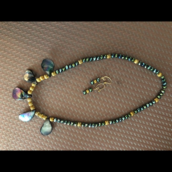 VTG  ABALONE NECKLACE W/ GOLD & GLASS FACETED BEADS 22" & MATCHING EARRINGS SET - Picture 5 of 17